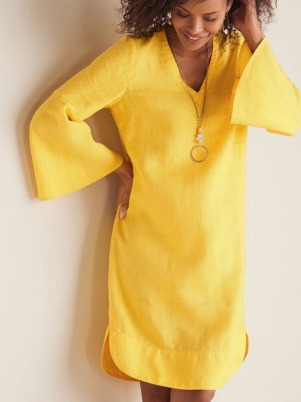 NWT Soft Surroundings Yellow Milano Linen Bell Sleeve V-Neck Shift Dress M